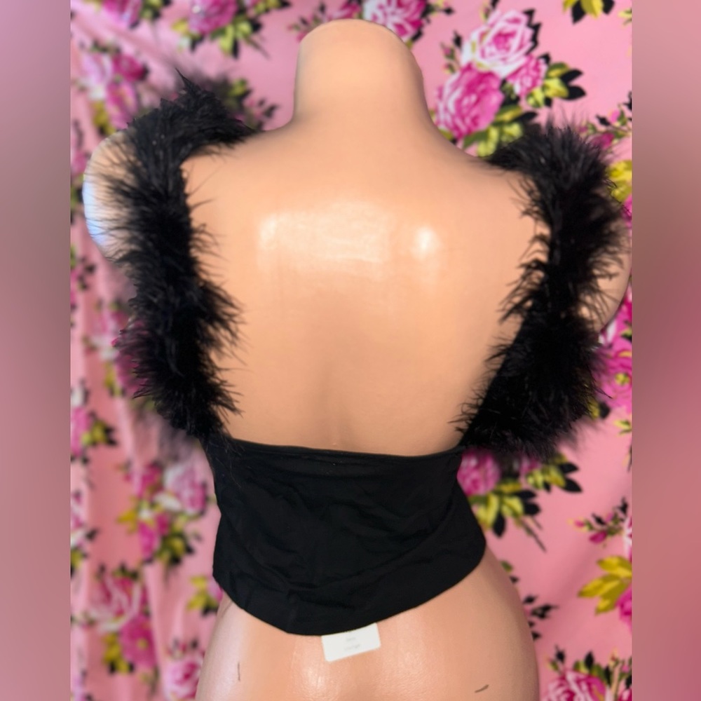 Black feather marabou tank top shirt crop cotton pinup retro rockabilly sexy nwt - Picture 3 of 5
